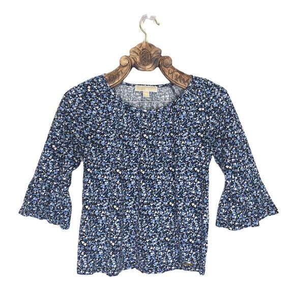 Michael Kors Top Flutter Bell Crop Sleeve Blue Floral Print Round Neck Small - Picture 1 of 7